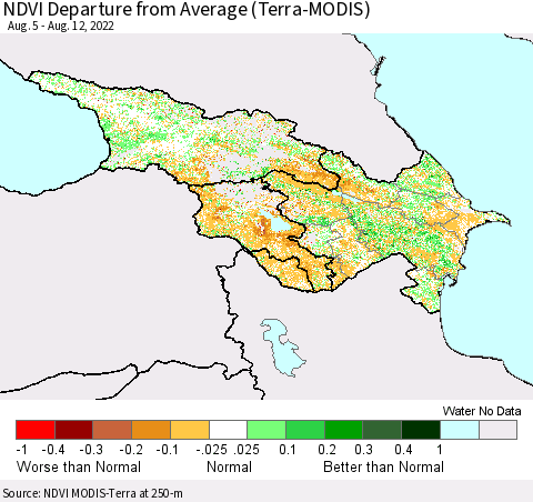 Azerbaijan, Armenia and Georgia NDVI Departure from Average (Terra-MODIS) Thematic Map For 8/5/2022 - 8/12/2022
