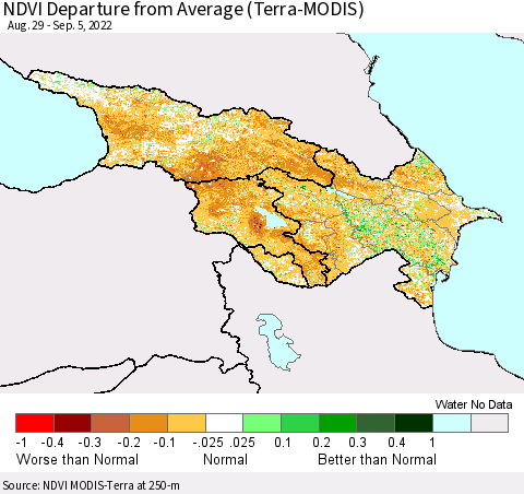 Azerbaijan, Armenia and Georgia NDVI Departure from Average (Terra-MODIS) Thematic Map For 8/29/2022 - 9/5/2022