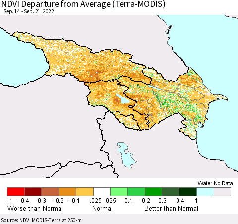 Azerbaijan, Armenia and Georgia NDVI Departure from Average (Terra-MODIS) Thematic Map For 9/14/2022 - 9/21/2022