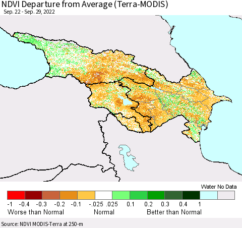 Azerbaijan, Armenia and Georgia NDVI Departure from Average (Terra-MODIS) Thematic Map For 9/22/2022 - 9/29/2022
