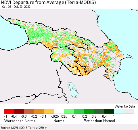 Azerbaijan, Armenia and Georgia NDVI Departure from Average (Terra-MODIS) Thematic Map For 10/16/2022 - 10/23/2022