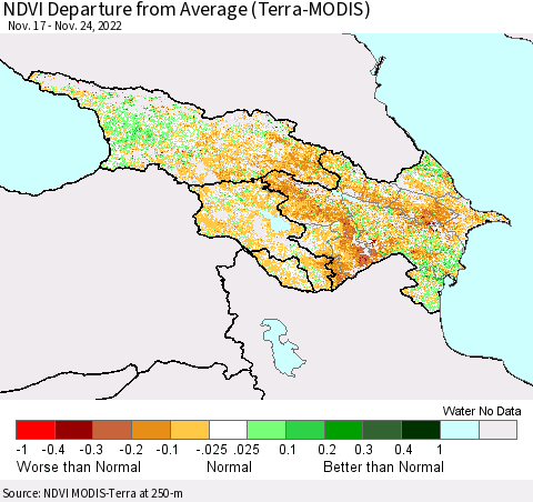 Azerbaijan, Armenia and Georgia NDVI Departure from Average (Terra-MODIS) Thematic Map For 11/17/2022 - 11/24/2022