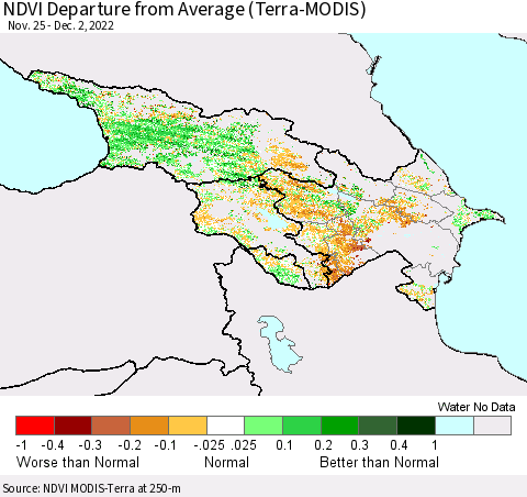 Azerbaijan, Armenia and Georgia NDVI Departure from Average (Terra-MODIS) Thematic Map For 11/25/2022 - 12/2/2022