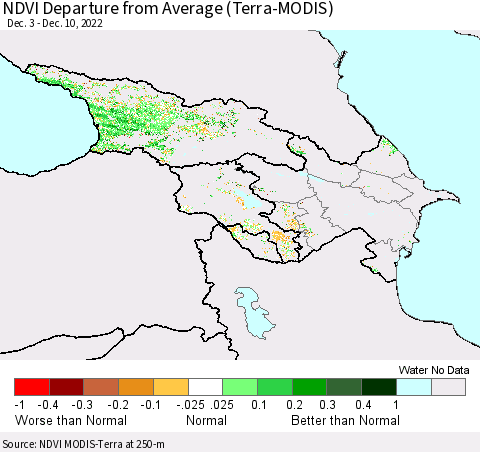 Azerbaijan, Armenia and Georgia NDVI Departure from Average (Terra-MODIS) Thematic Map For 12/3/2022 - 12/10/2022