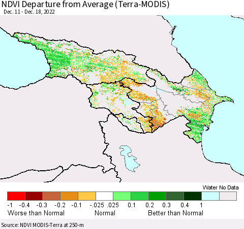 Azerbaijan, Armenia and Georgia NDVI Departure from Average (Terra-MODIS) Thematic Map For 12/11/2022 - 12/18/2022