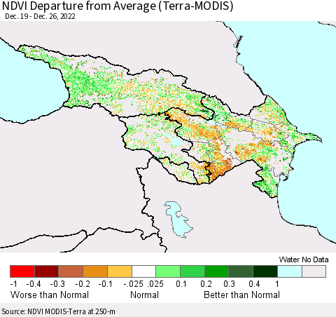 Azerbaijan, Armenia and Georgia NDVI Departure from Average (Terra-MODIS) Thematic Map For 12/19/2022 - 12/26/2022