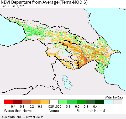 Azerbaijan, Armenia and Georgia NDVI Departure from Average (Terra-MODIS) Thematic Map For 1/1/2023 - 1/8/2023