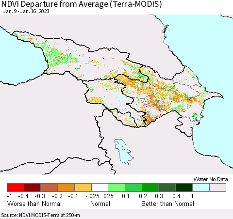 Azerbaijan, Armenia and Georgia NDVI Departure from Average (Terra-MODIS) Thematic Map For 1/9/2023 - 1/16/2023