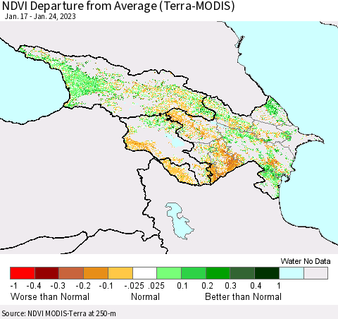 Azerbaijan, Armenia and Georgia NDVI Departure from Average (Terra-MODIS) Thematic Map For 1/17/2023 - 1/24/2023