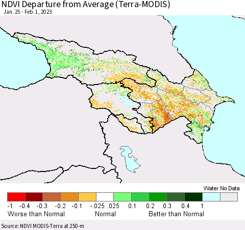 Azerbaijan, Armenia and Georgia NDVI Departure from Average (Terra-MODIS) Thematic Map For 1/25/2023 - 2/1/2023