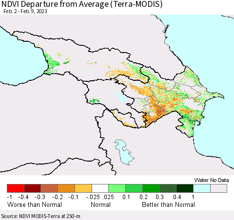 Azerbaijan, Armenia and Georgia NDVI Departure from Average (Terra-MODIS) Thematic Map For 2/2/2023 - 2/9/2023