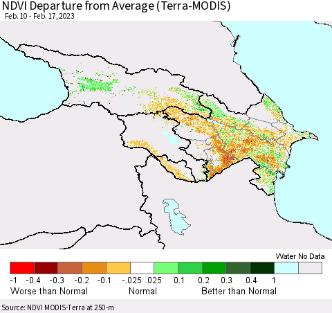 Azerbaijan, Armenia and Georgia NDVI Departure from Average (Terra-MODIS) Thematic Map For 2/10/2023 - 2/17/2023