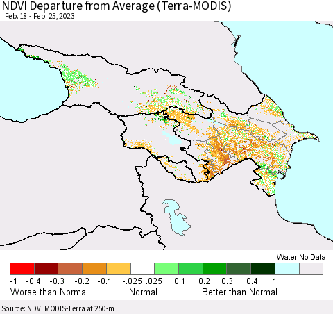 Azerbaijan, Armenia and Georgia NDVI Departure from Average (Terra-MODIS) Thematic Map For 2/18/2023 - 2/25/2023
