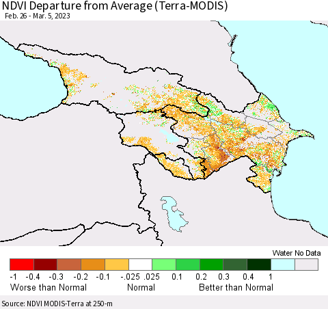 Azerbaijan, Armenia and Georgia NDVI Departure from Average (Terra-MODIS) Thematic Map For 2/26/2023 - 3/5/2023