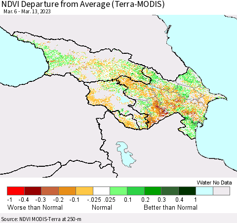 Azerbaijan, Armenia and Georgia NDVI Departure from Average (Terra-MODIS) Thematic Map For 3/6/2023 - 3/13/2023