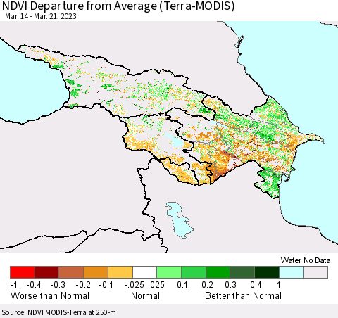 Azerbaijan, Armenia and Georgia NDVI Departure from Average (Terra-MODIS) Thematic Map For 3/14/2023 - 3/21/2023