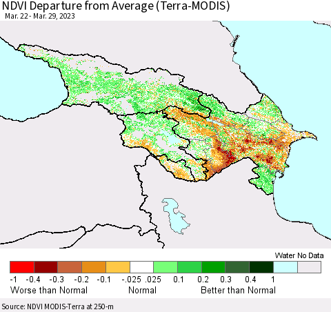 Azerbaijan, Armenia and Georgia NDVI Departure from Average (Terra-MODIS) Thematic Map For 3/22/2023 - 3/29/2023