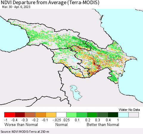 Azerbaijan, Armenia and Georgia NDVI Departure from Average (Terra-MODIS) Thematic Map For 3/30/2023 - 4/6/2023