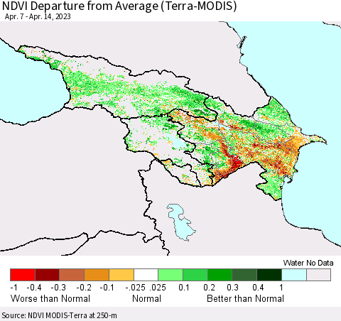 Azerbaijan, Armenia and Georgia NDVI Departure from Average (Terra-MODIS) Thematic Map For 4/7/2023 - 4/14/2023