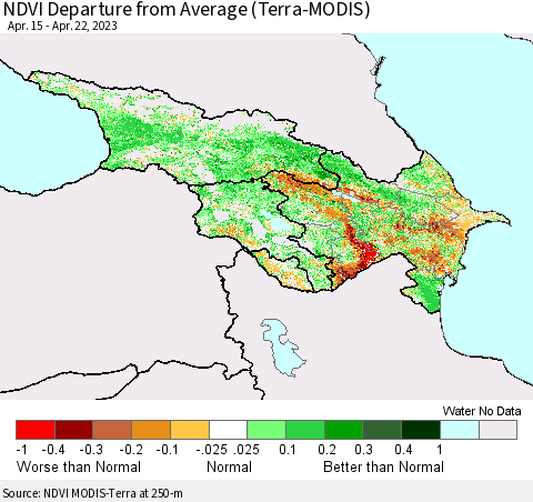 Azerbaijan, Armenia and Georgia NDVI Departure from Average (Terra-MODIS) Thematic Map For 4/15/2023 - 4/22/2023
