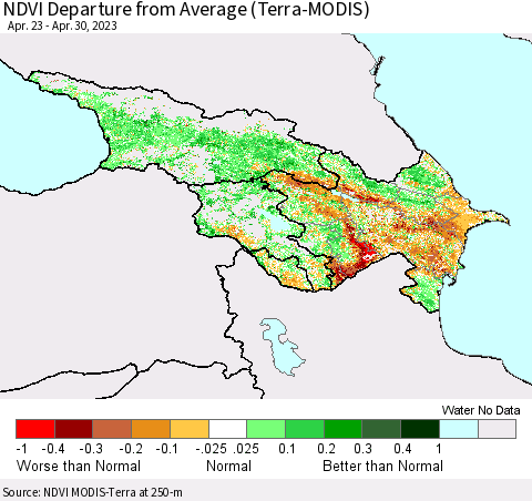 Azerbaijan, Armenia and Georgia NDVI Departure from Average (Terra-MODIS) Thematic Map For 4/23/2023 - 4/30/2023