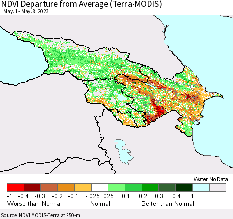 Azerbaijan, Armenia and Georgia NDVI Departure from Average (Terra-MODIS) Thematic Map For 5/1/2023 - 5/8/2023