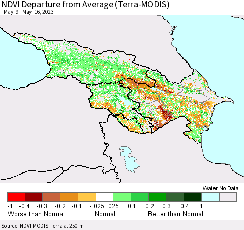 Azerbaijan, Armenia and Georgia NDVI Departure from Average (Terra-MODIS) Thematic Map For 5/9/2023 - 5/16/2023