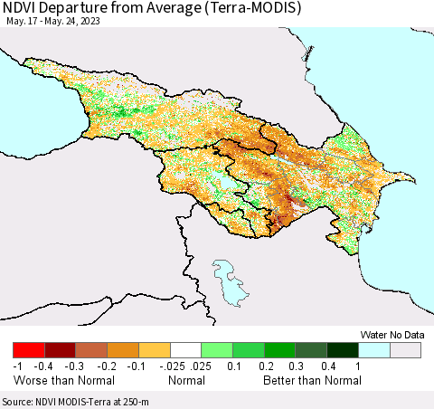 Azerbaijan, Armenia and Georgia NDVI Departure from Average (Terra-MODIS) Thematic Map For 5/17/2023 - 5/24/2023