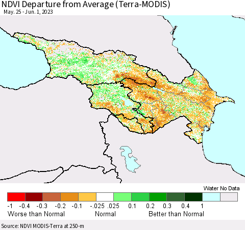 Azerbaijan, Armenia and Georgia NDVI Departure from Average (Terra-MODIS) Thematic Map For 5/25/2023 - 6/1/2023
