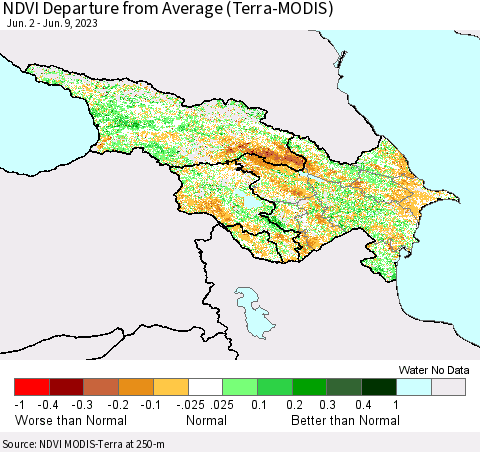 Azerbaijan, Armenia and Georgia NDVI Departure from Average (Terra-MODIS) Thematic Map For 6/2/2023 - 6/9/2023