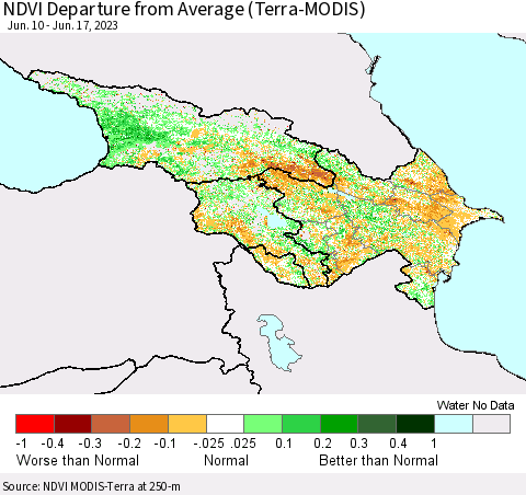 Azerbaijan, Armenia and Georgia NDVI Departure from Average (Terra-MODIS) Thematic Map For 6/10/2023 - 6/17/2023