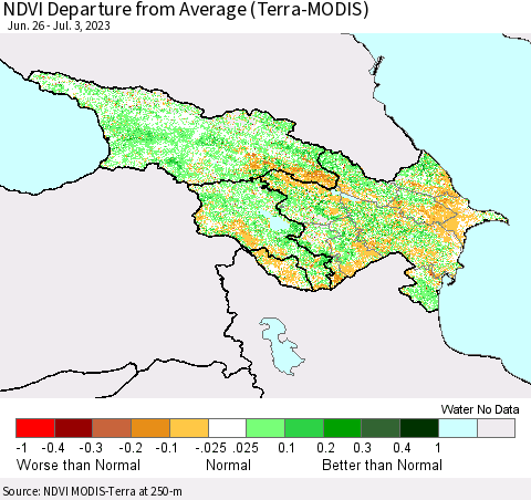 Azerbaijan, Armenia and Georgia NDVI Departure from Average (Terra-MODIS) Thematic Map For 6/26/2023 - 7/3/2023