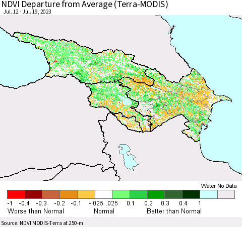 Azerbaijan, Armenia and Georgia NDVI Departure from Average (Terra-MODIS) Thematic Map For 7/12/2023 - 7/19/2023
