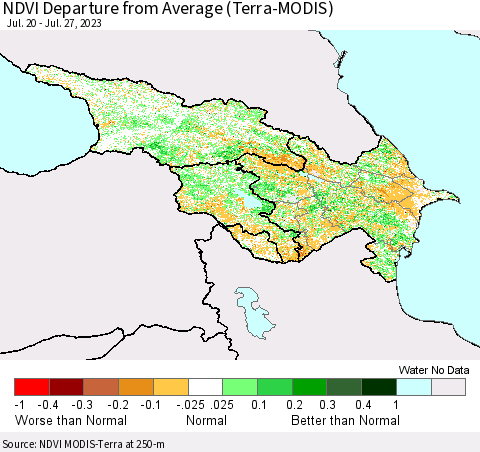 Azerbaijan, Armenia and Georgia NDVI Departure from Average (Terra-MODIS) Thematic Map For 7/20/2023 - 7/27/2023
