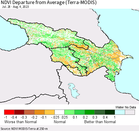 Azerbaijan, Armenia and Georgia NDVI Departure from Average (Terra-MODIS) Thematic Map For 7/28/2023 - 8/4/2023