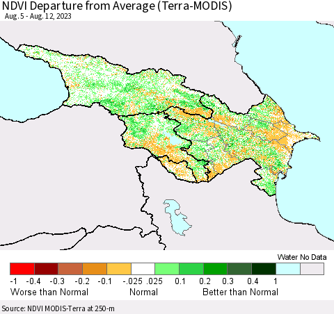Azerbaijan, Armenia and Georgia NDVI Departure from Average (Terra-MODIS) Thematic Map For 8/5/2023 - 8/12/2023