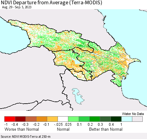 Azerbaijan, Armenia and Georgia NDVI Departure from Average (Terra-MODIS) Thematic Map For 8/29/2023 - 9/5/2023