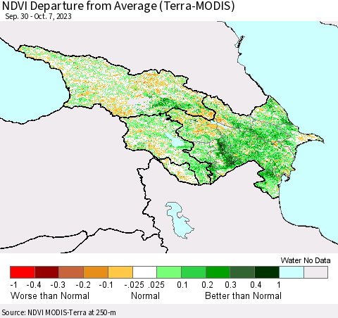 Azerbaijan, Armenia and Georgia NDVI Departure from Average (Terra-MODIS) Thematic Map For 9/30/2023 - 10/7/2023
