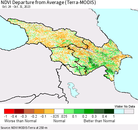 Azerbaijan, Armenia and Georgia NDVI Departure from Average (Terra-MODIS) Thematic Map For 10/24/2023 - 10/31/2023