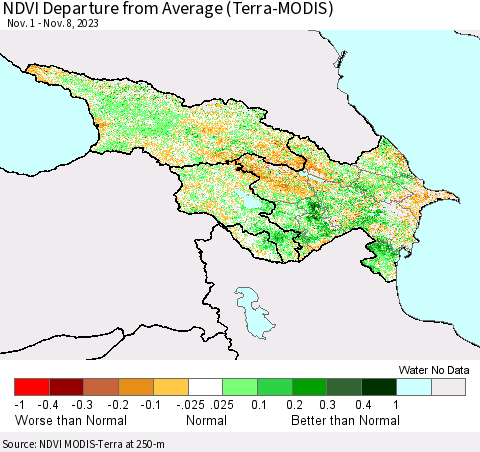 Azerbaijan, Armenia and Georgia NDVI Departure from Average (Terra-MODIS) Thematic Map For 11/1/2023 - 11/8/2023