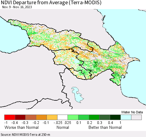 Azerbaijan, Armenia and Georgia NDVI Departure from Average (Terra-MODIS) Thematic Map For 11/9/2023 - 11/16/2023