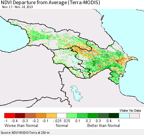 Azerbaijan, Armenia and Georgia NDVI Departure from Average (Terra-MODIS) Thematic Map For 11/17/2023 - 11/24/2023