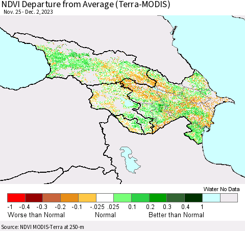 Azerbaijan, Armenia and Georgia NDVI Departure from Average (Terra-MODIS) Thematic Map For 11/25/2023 - 12/2/2023