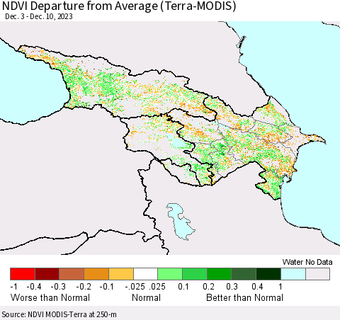 Azerbaijan, Armenia and Georgia NDVI Departure from Average (Terra-MODIS) Thematic Map For 12/3/2023 - 12/10/2023