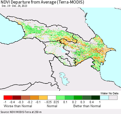 Azerbaijan, Armenia and Georgia NDVI Departure from Average (Terra-MODIS) Thematic Map For 12/19/2023 - 12/26/2023