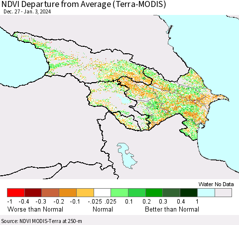 Azerbaijan, Armenia and Georgia NDVI Departure from Average (Terra-MODIS) Thematic Map For 12/27/2023 - 1/3/2024