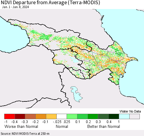 Azerbaijan, Armenia and Georgia NDVI Departure from Average (Terra-MODIS) Thematic Map For 1/1/2024 - 1/8/2024