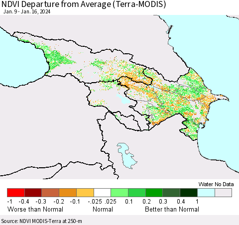 Azerbaijan, Armenia and Georgia NDVI Departure from Average (Terra-MODIS) Thematic Map For 1/9/2024 - 1/16/2024