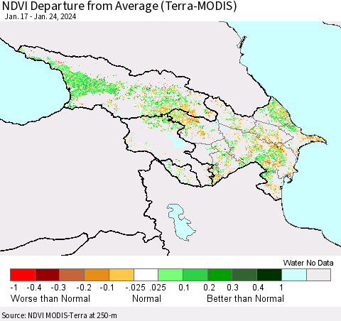 Azerbaijan, Armenia and Georgia NDVI Departure from Average (Terra-MODIS) Thematic Map For 1/17/2024 - 1/24/2024