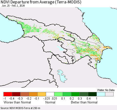 Azerbaijan, Armenia and Georgia NDVI Departure from Average (Terra-MODIS) Thematic Map For 1/25/2024 - 2/1/2024